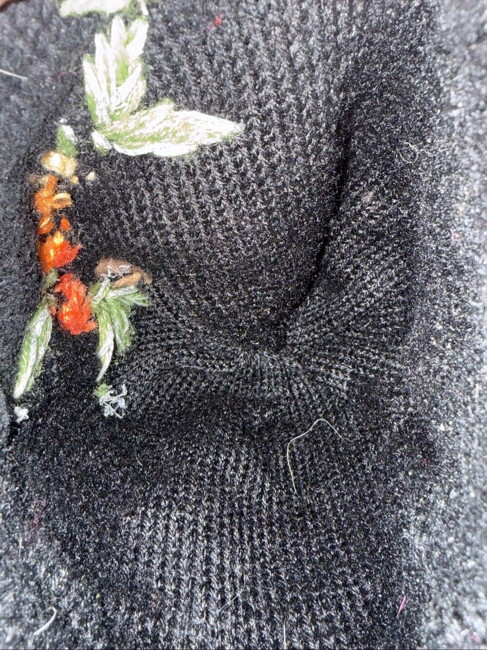 Black Floral Embellished Knit Beanie with Faux Fur Pom - Picture 6 of 6